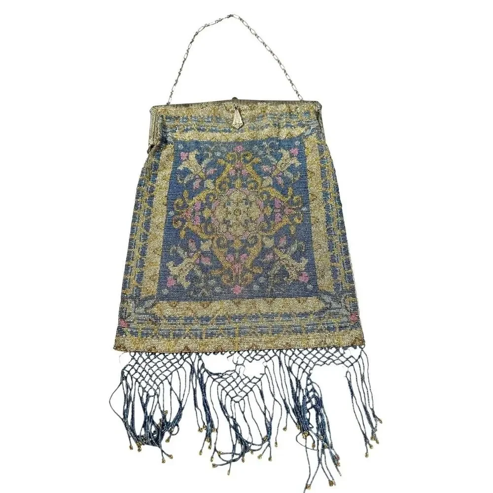 Antique 1920s Art Deco Micro Beaded Fringe Bag Purse Blue Rose Gold As Is